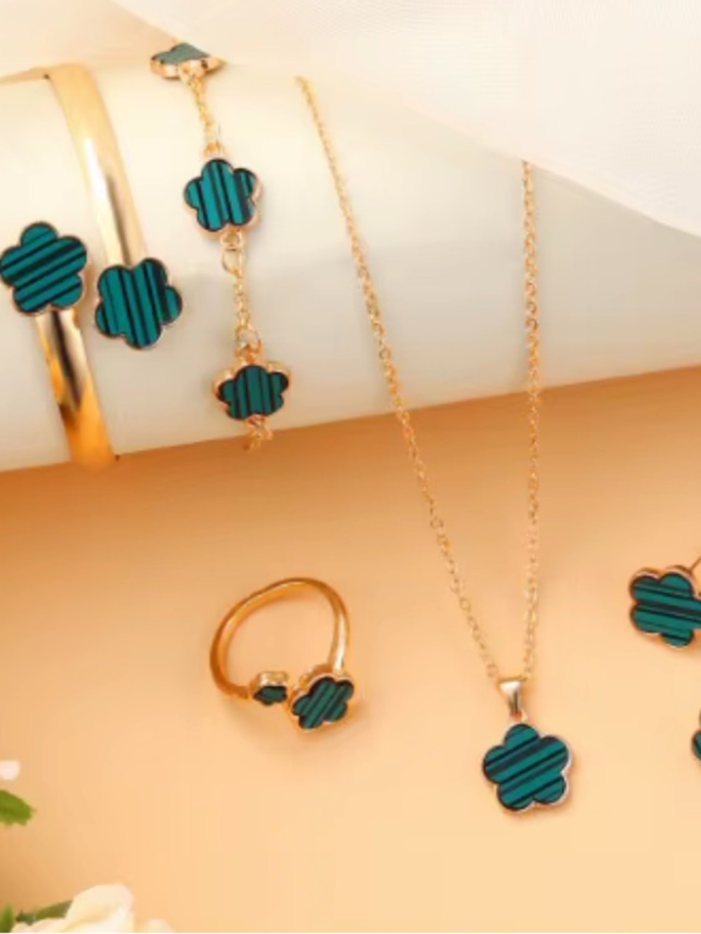 Gold-Tone Teal Clover Jewelry Set - Necklace, Bracelet, Ring & Earrings